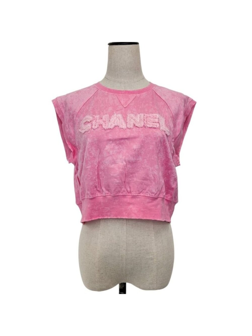 Chanel Tweed Logo Patch Design Cropped French Sleeve Top Pink XS